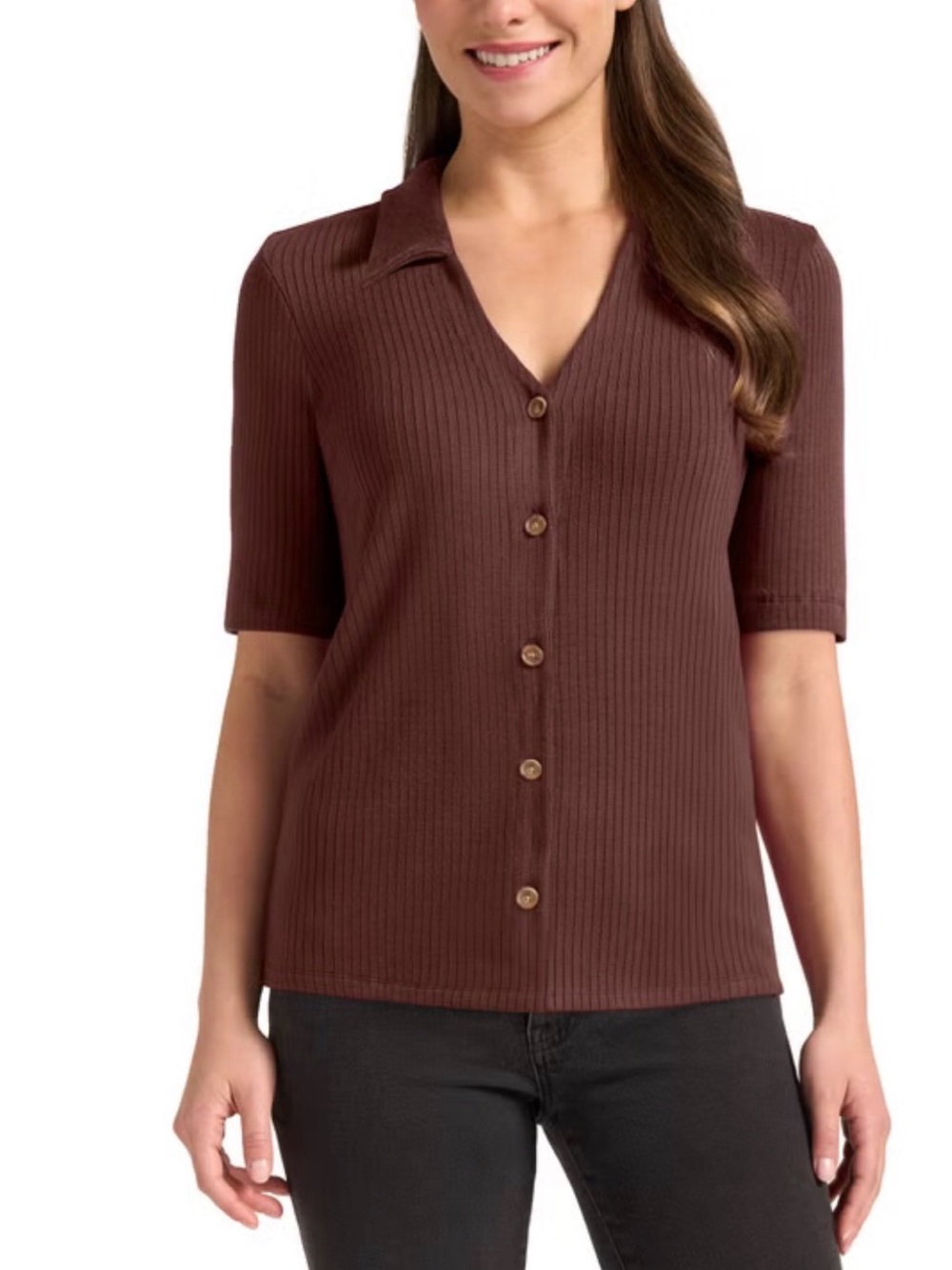 Matty M Women's Ribbed Button Front Top